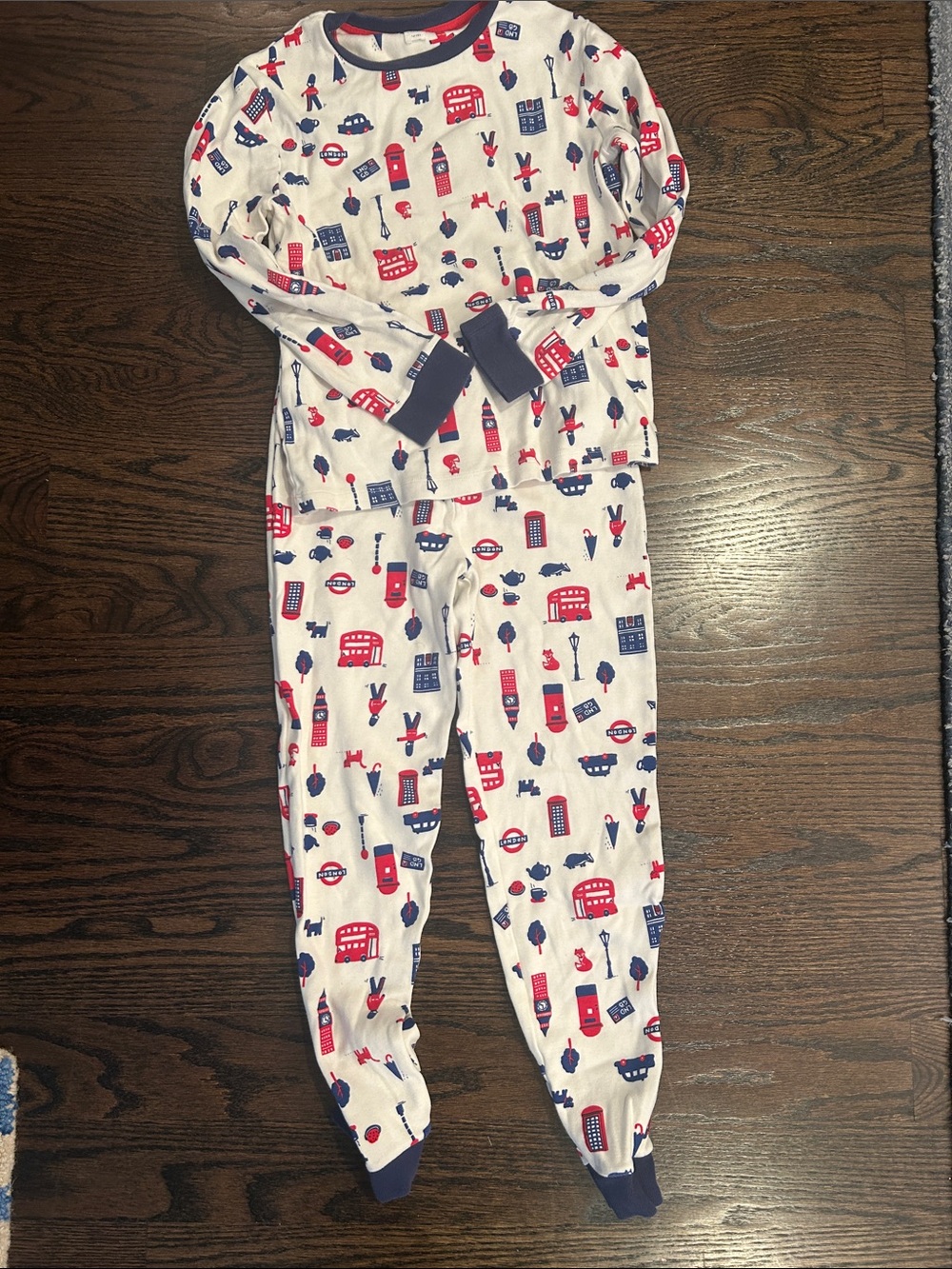Kids White Long-Sleeve Pajama Set with Red & Blue London Print